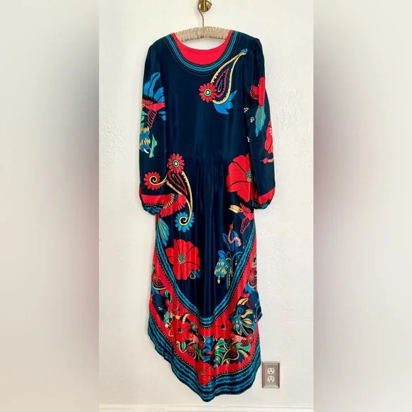 FARM Rio Blue Vintage Forest Midi Dress, Navy Blue Silky Viscose, Large - Picture 3 of 14